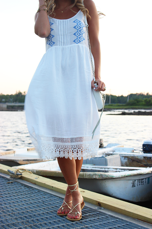 White Dress with Gold Sandals
