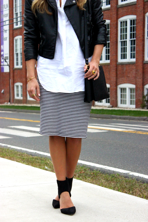 Leather Jacket with Striped Skirt