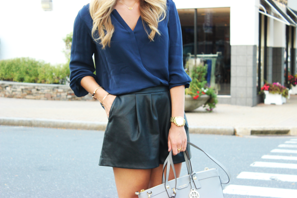 Navy Silk Top with Leather Shorts