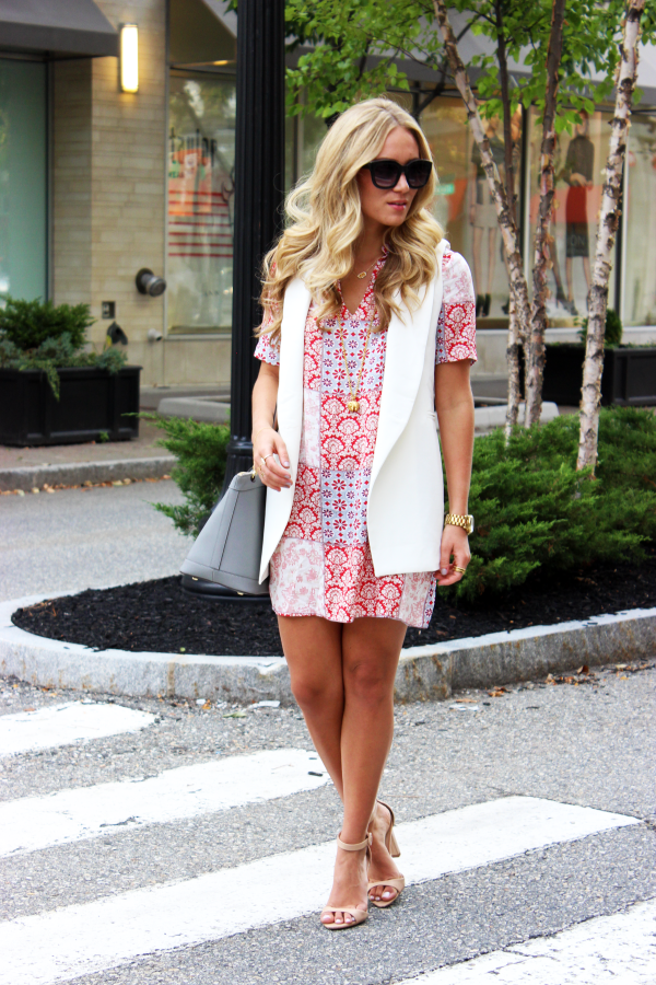 red printed shift dress