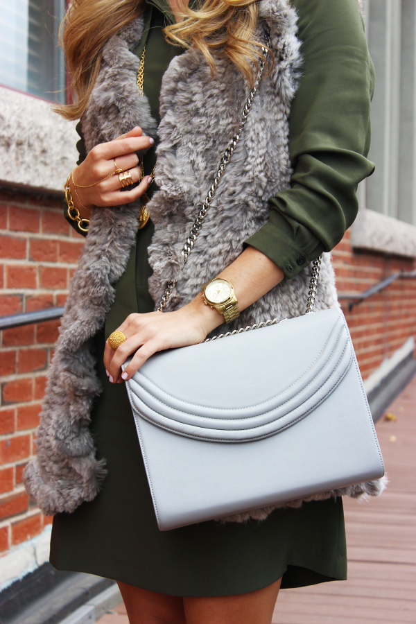 Green Dress and Gray Vest