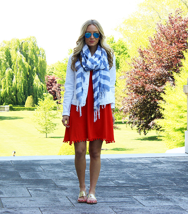 Red Dress with Pom Poms