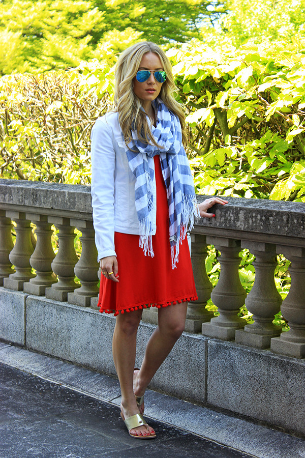 Red Dress with Striped Scarf