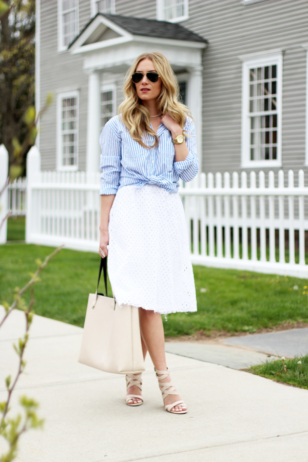 Reversible-Nude-Tote-Striped-and-Knotted-Button-Down-Shirt-Eyelet-Skirt
