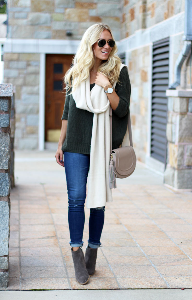 olive-green-sweater-oversized-cream-scarf-clarks-booties-fall