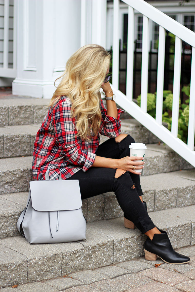 madewell-red-plaid-shirt-starbucks-fall-sole-society-black-booties-distressed-black-jeans