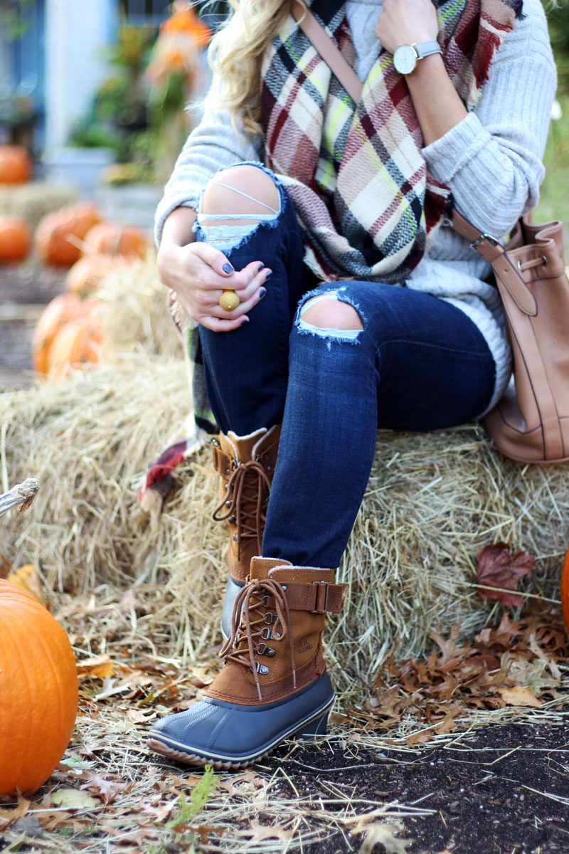 plaid-blanket-scarf-sorel-boots-distressed-denim