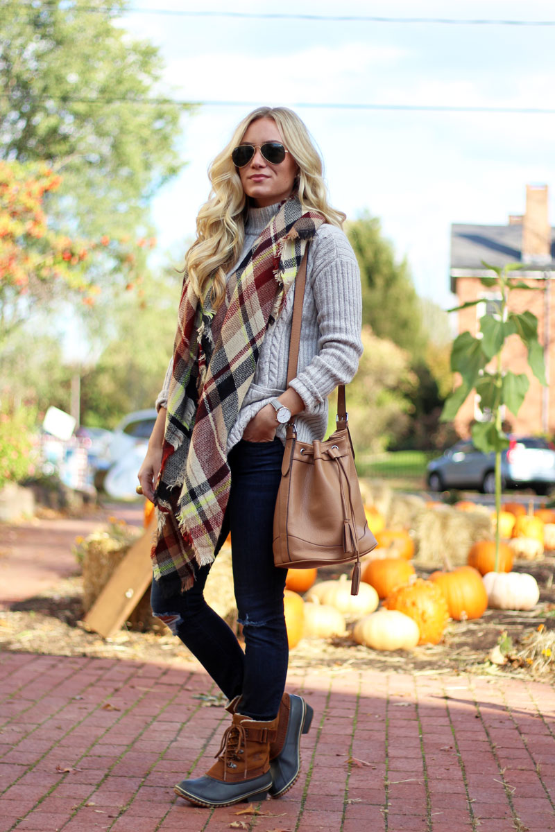 plaid-blanket-scarf-turtleneck-sweater-sorel-bean-boots-fall-cozy-style