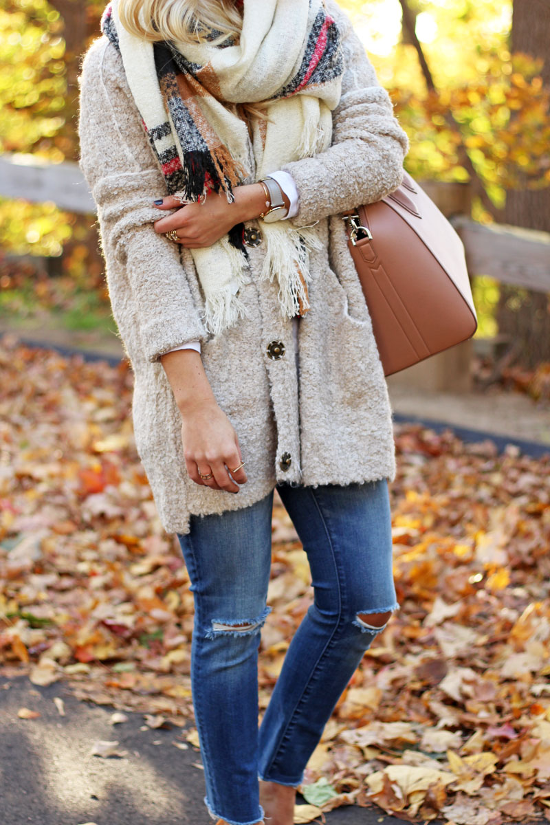 distressed-skinny-jeans-free-people-boucle-sweater-cardigan-plaid-blanket-scarf