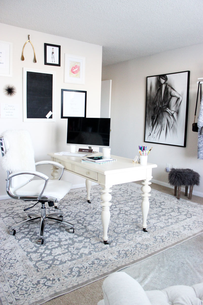 Chic-Neutral-Home-Office-Space-Black-and-White-Office-Charcoal-Fashion-Painting-Joss-and-Main-Rug-Style-Cusp-Home-Office