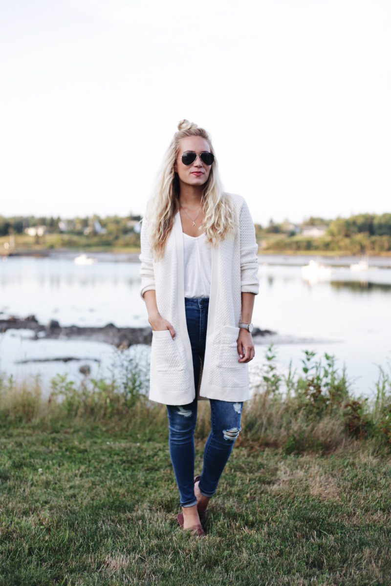 Cream Cardigan Ripped Denim