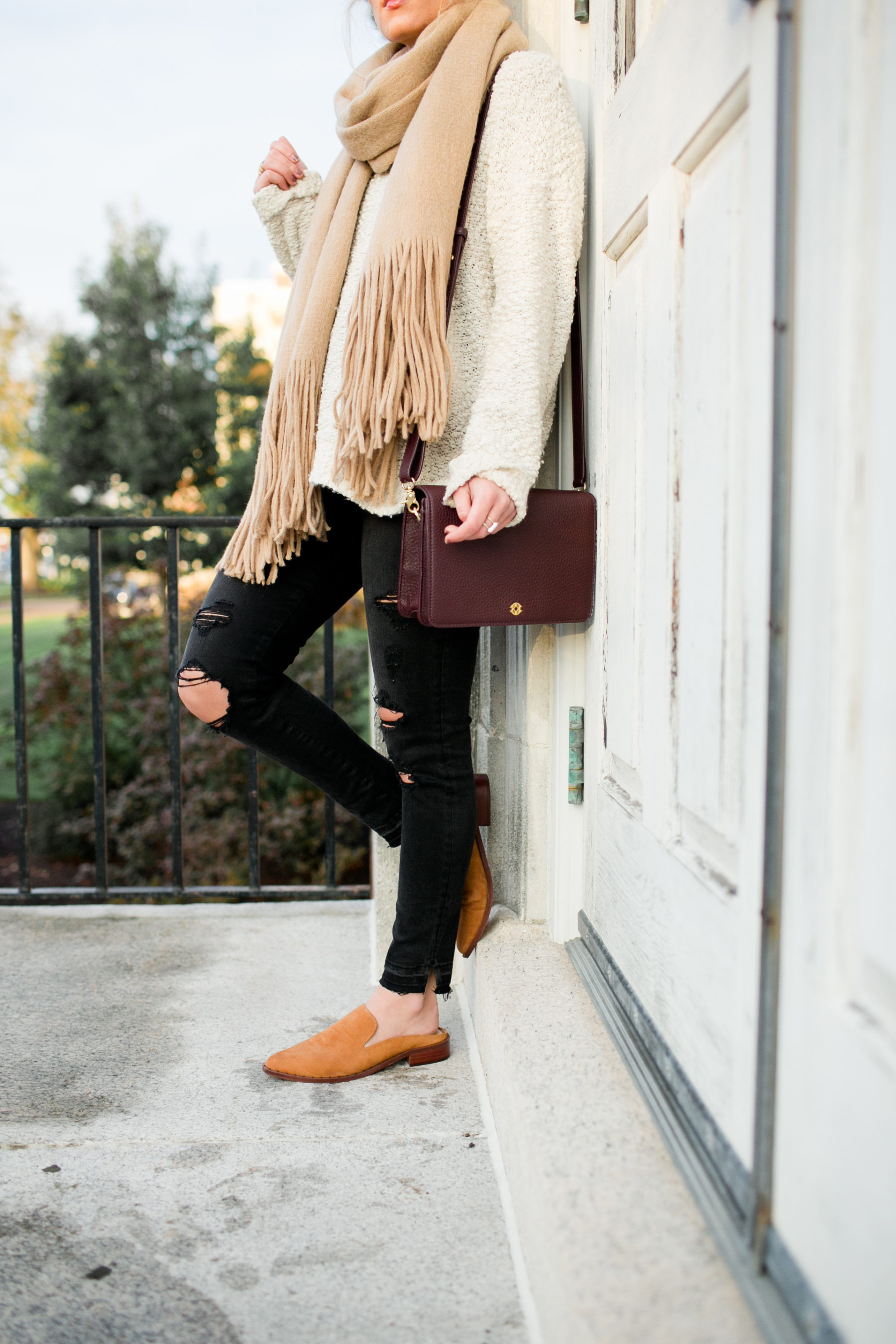 Maroon Handbag Slides Tan scarf