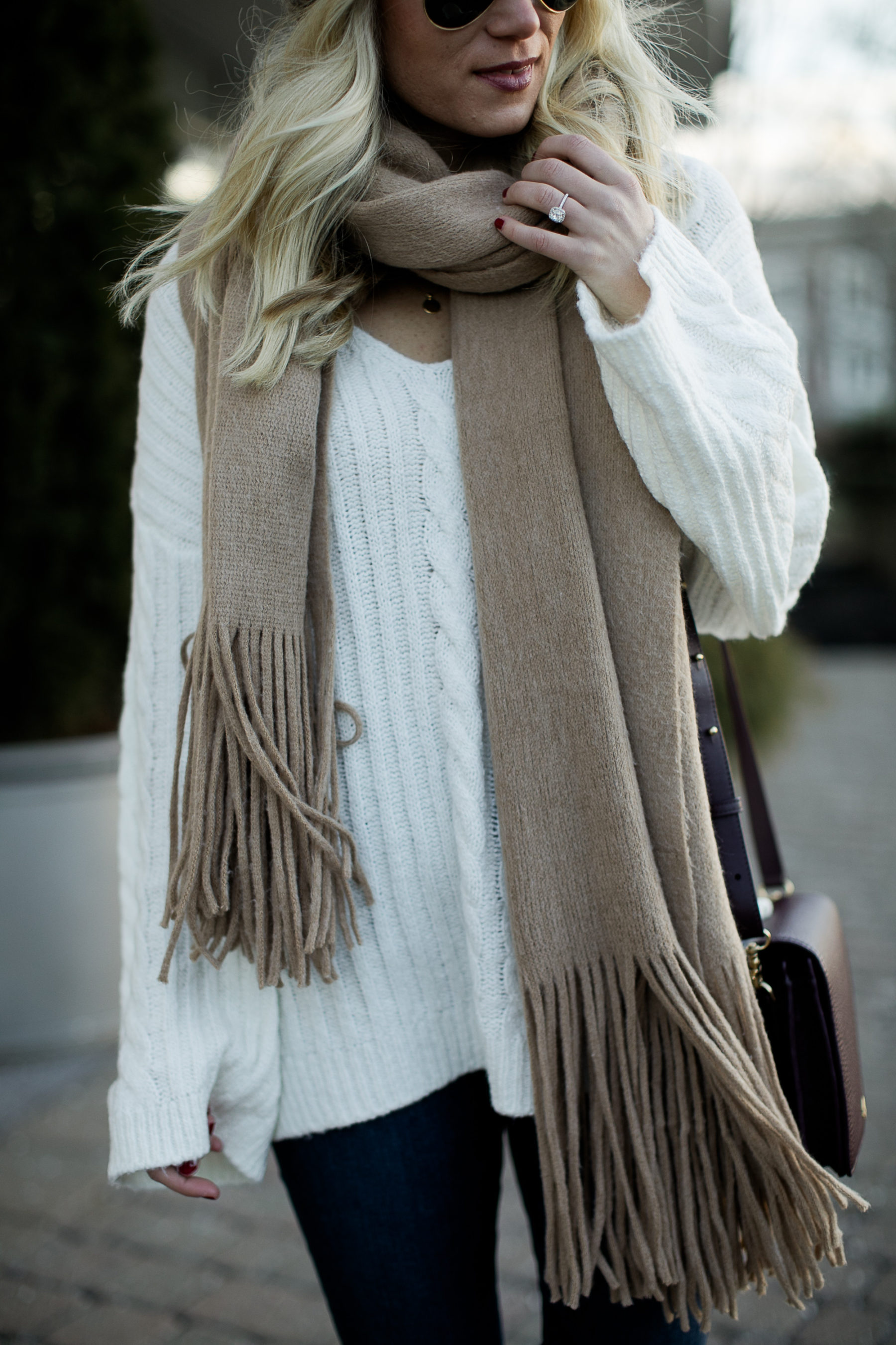 cream sweater tan scarf