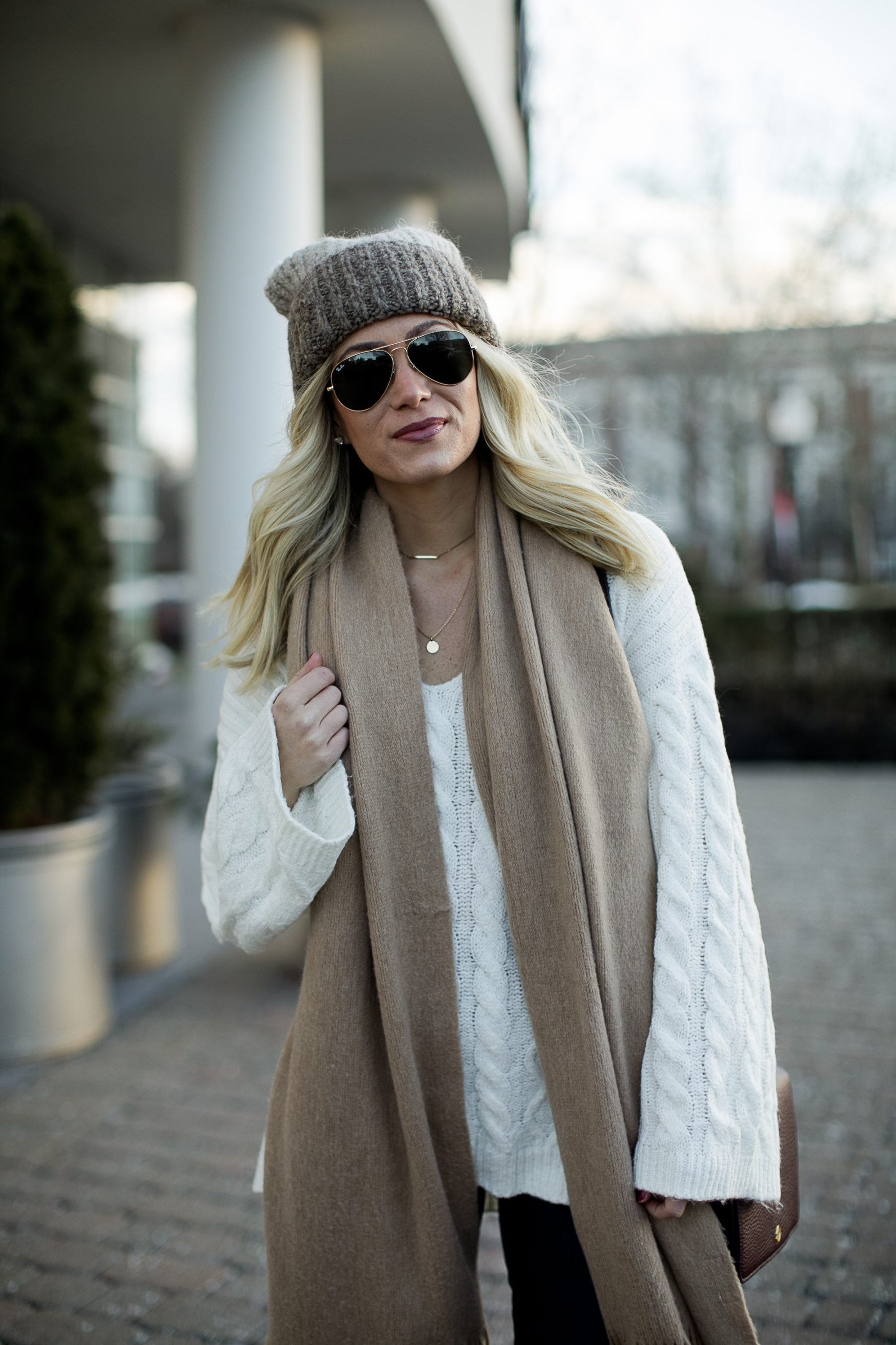 winter beanie tan scarf cream sweater