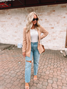 fall style with high rise jeans and camel blazer